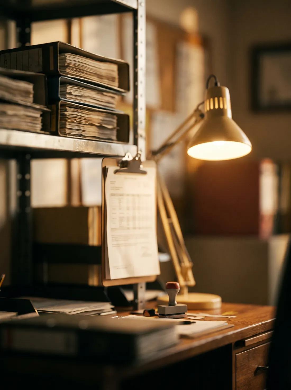 Estante de carpetas de archivo y un portapapeles sobre un escritorio de oficina, con la luz cálida de una lámpara.