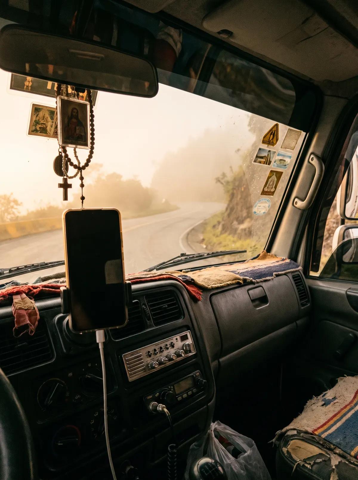 Interior de la cabina de un camión al amanecer: un teléfono en el soporte del tablero y la carretera de montaña con niebla al frente.