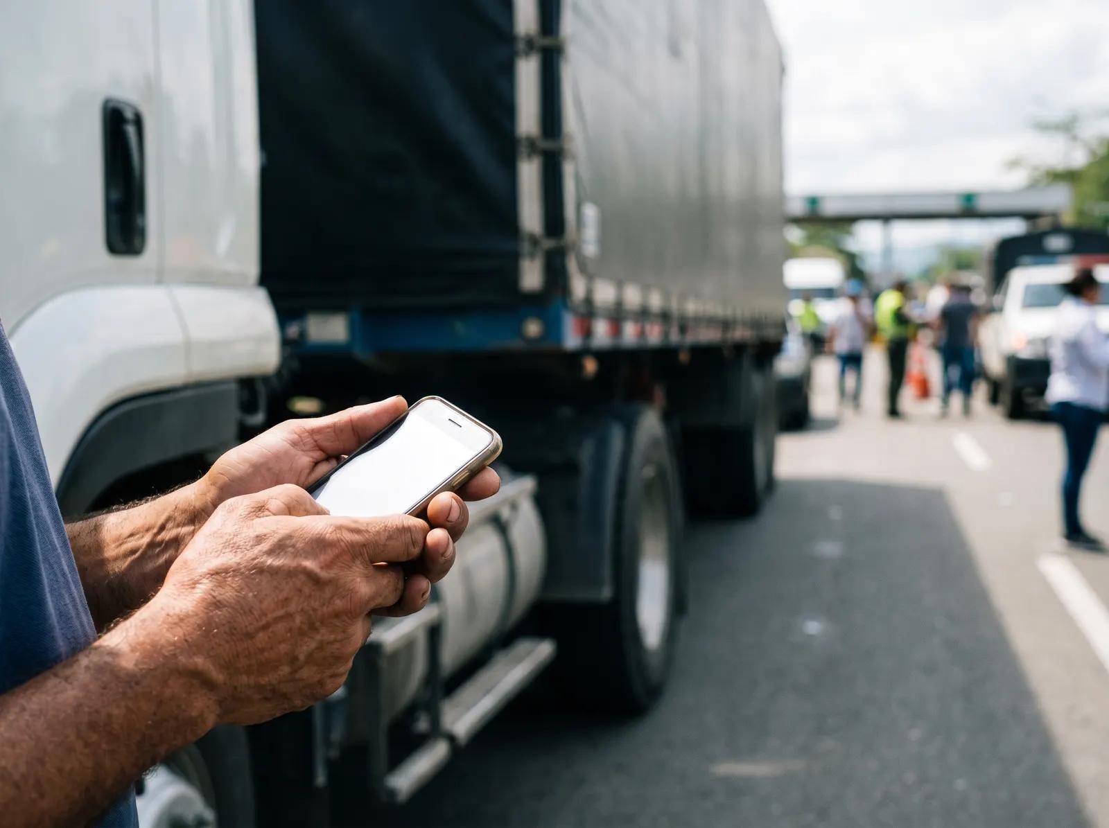 Las manos de un conductor sostienen un teléfono junto a su camión, en un puesto de control de carretera.